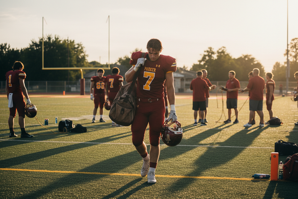college football player walking off field after practice, background looks natural with coaches and other players